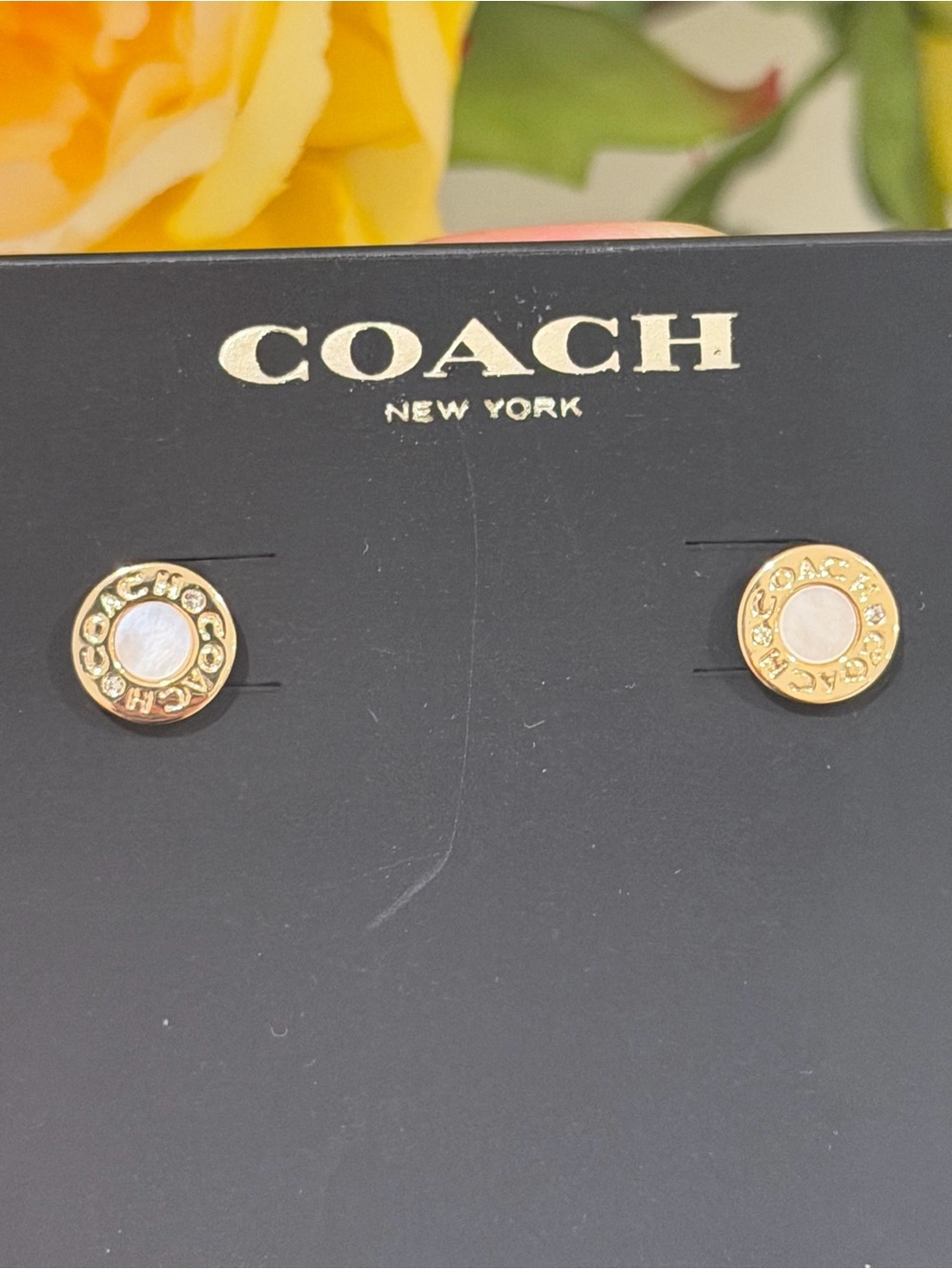 Coach Gold-Tone Mother-of-Pearl Round Logo Stud Earrings - Picture 3 of 6